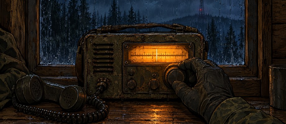A gloved hand tunes an old field radio by a rainy window at night