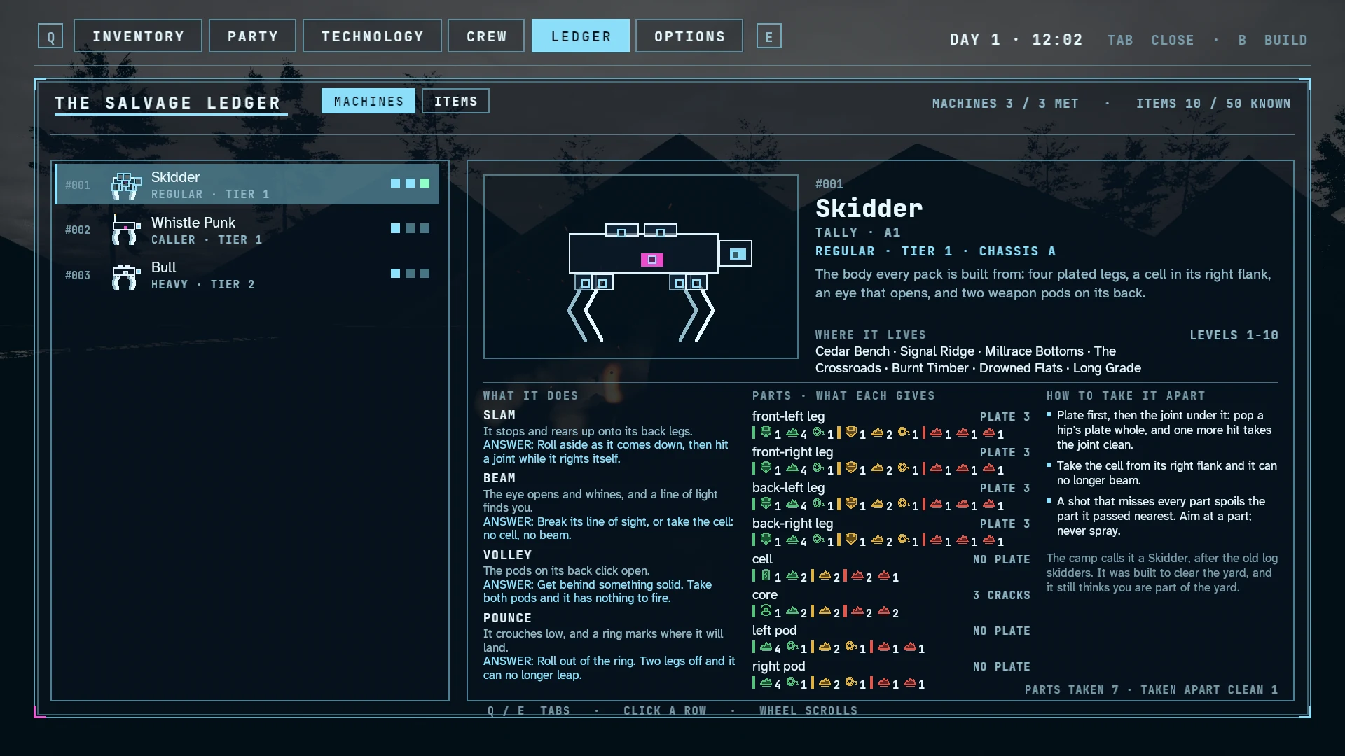 The Salvage Ledger in the playtest build, open on the Skidder: its attacks, answers and what each part gives